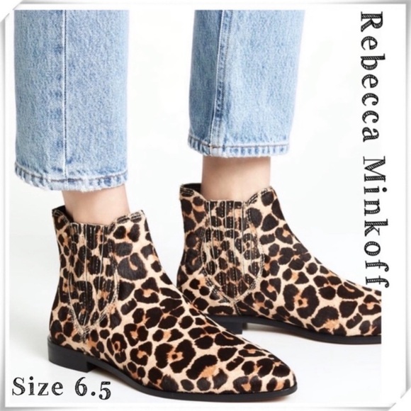 REBECCA Minkoff Maydsin Leopard Pointed Toe Calf Hair Ankle Boots in Beige - Picture 1 of 11
